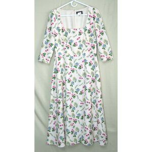 Alexia Admor White Floral Smocked Long Sleeve Midi Dress Stretch Size 10